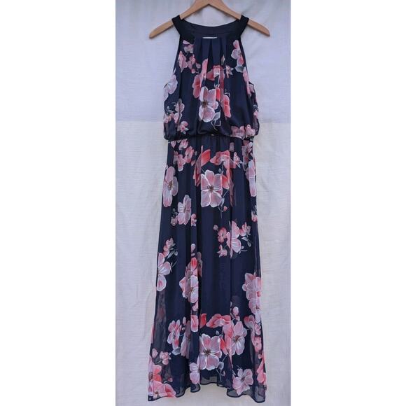 Robbie Bee Women's Halter Floral Sleeveless Maxi Dress Sz 12 Navy Orchid - Picture 1 of 6